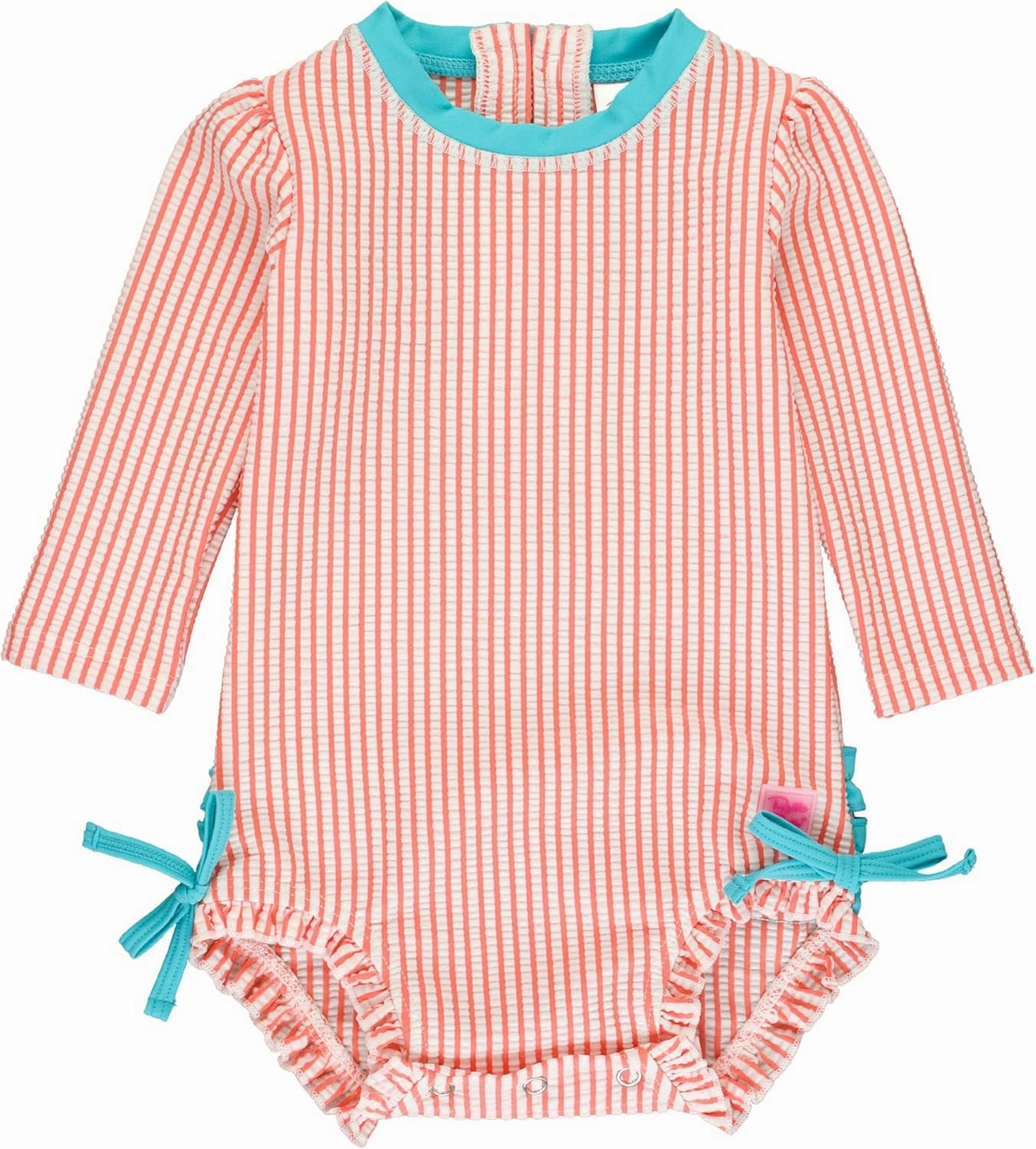 RuffleButts Baby/Toddler Girls Seersucker Long Sleeve One Piece Rash Guard Swimsuit with UPF 50  Sun Protection