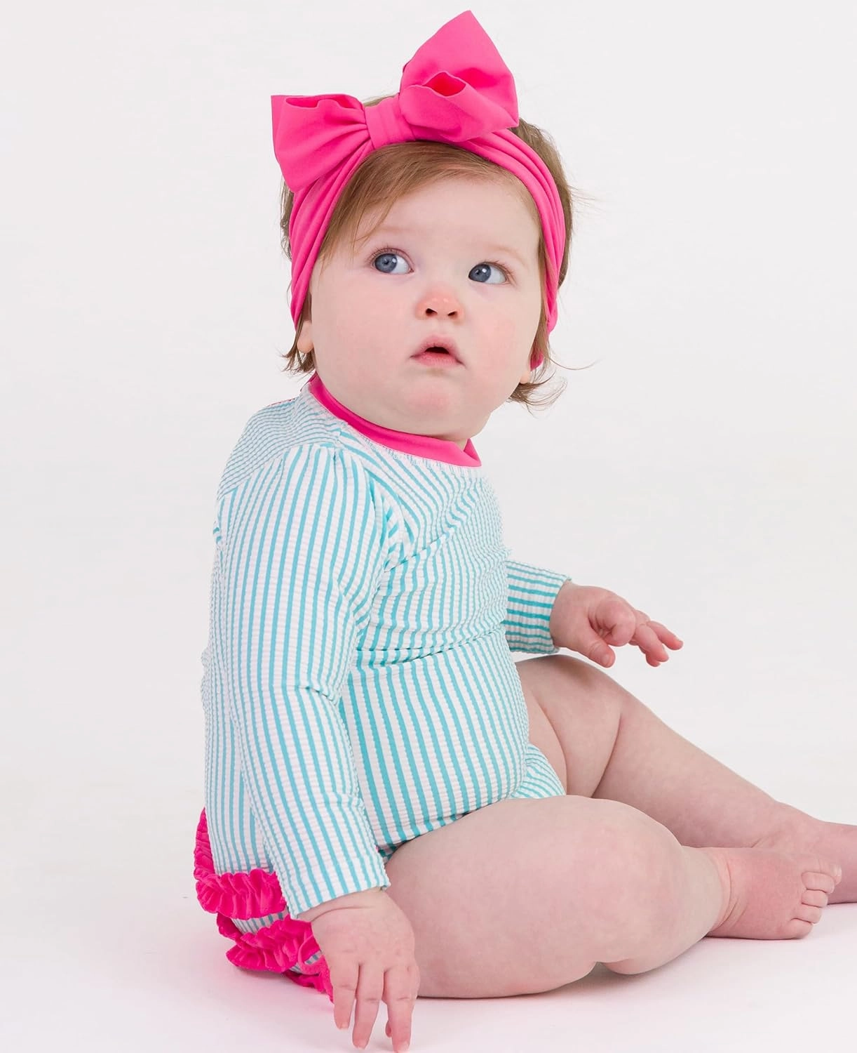 RuffleButts Baby/Toddler Girls Seersucker Long Sleeve One Piece Rash Guard Swimsuit with UPF 50  Sun Protection