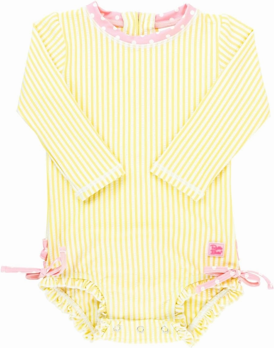 RuffleButts Baby/Toddler Girls Seersucker Long Sleeve One Piece Rash Guard Swimsuit with UPF 50  Sun Protection