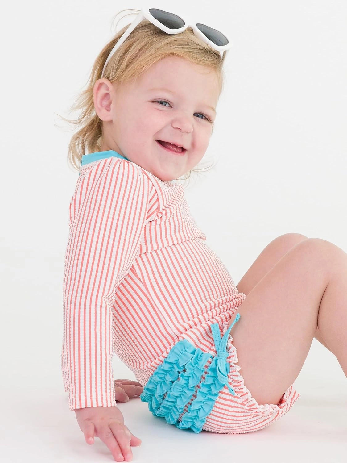 RuffleButts Baby/Toddler Girls Seersucker Long Sleeve One Piece Rash Guard Swimsuit with UPF 50  Sun Protection