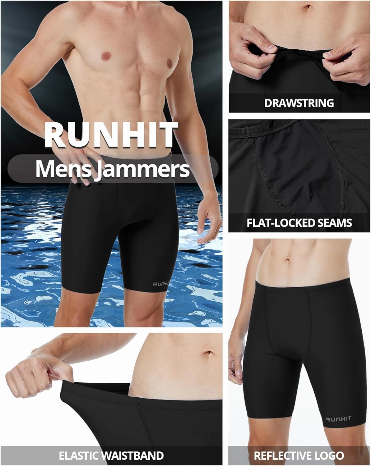 Runhit Men's Swim Jammers Competitive Swim Racing Team Swimsuit Quick Dry Athletic Swimming Shorts UPF 50 