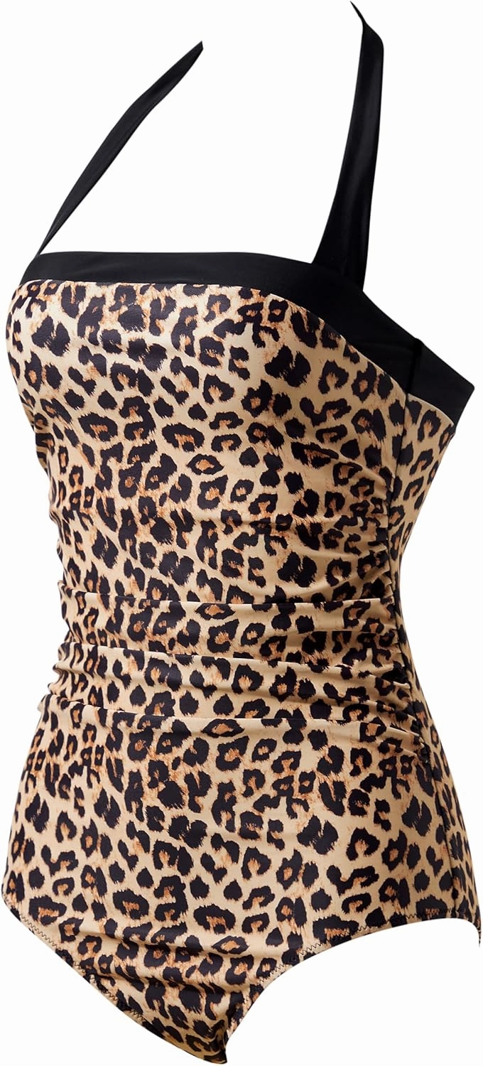 RXRXCOCO Women Retro One Piece Swimsuit Tummy Control Halter Vintage Bathing Suit