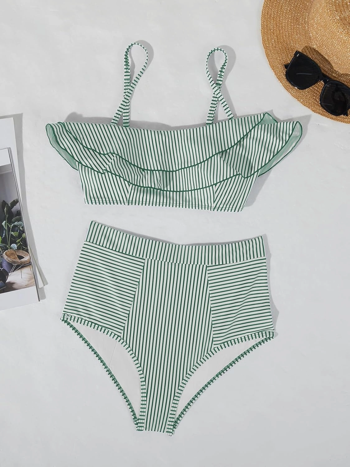 Saodimallsu Women High Waisted 2 Piece Bikini Set Bandeau Ruffle Swimsuit Top Striped Bathing Suits