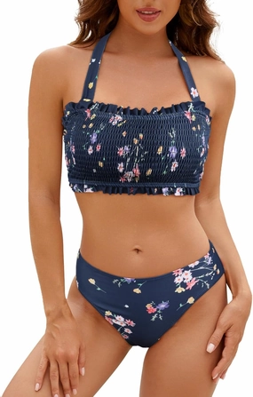 SEAFORM Bikini Set for Women Two Piece Bathing Suits Bandeau Top Mid Waisted Bottom Floral Bathing Suits with Removable Pads