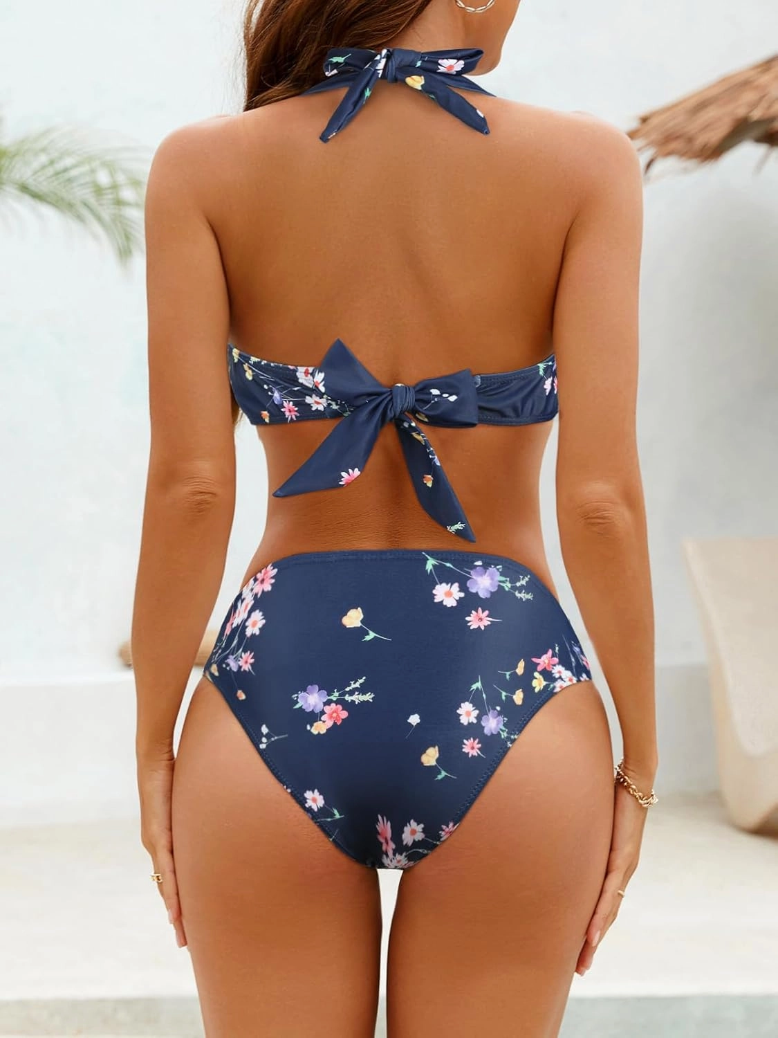 SEAFORM Bikini Set for Women Two Piece Bathing Suits Bandeau Top Mid Waisted Bottom Floral Bathing Suits with Removable Pads