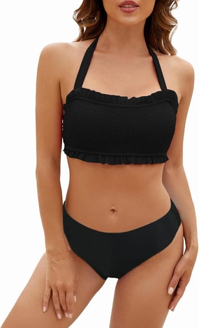 SEAFORM Bikini Set for Women Two Piece Bathing Suits Bandeau Top Mid Waisted Bottom Floral Bathing Suits with Removable Pads