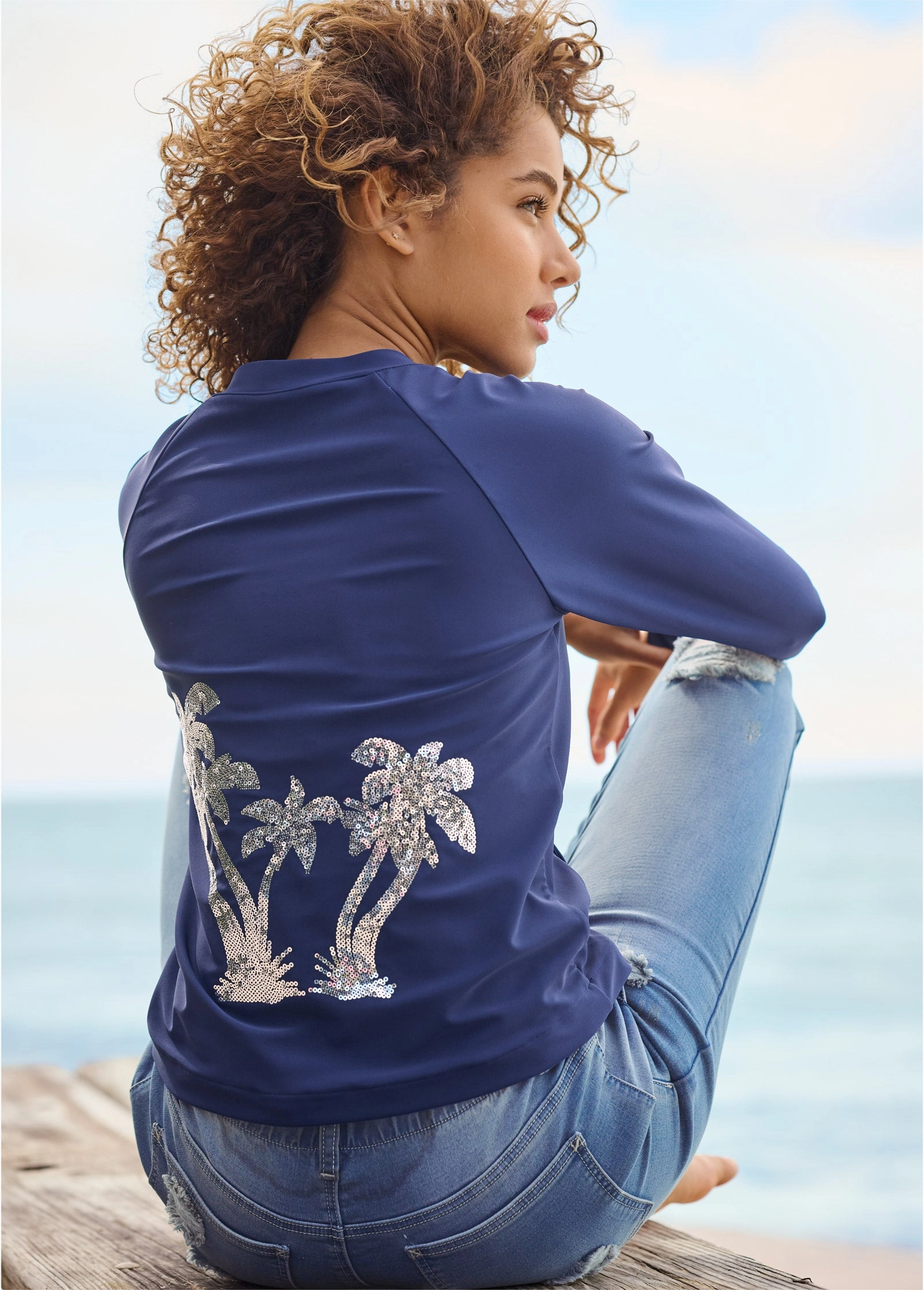 Sequin Zip Rash Guard - Ultramarine Blue
