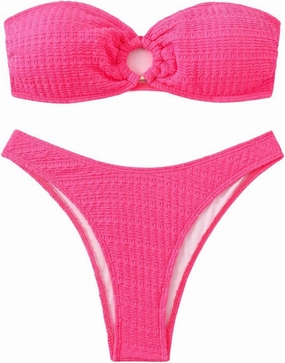 SHENHE Women's 2 Piece Bikini Set Summer Solid Ring Strapless Textured Bathingsuit