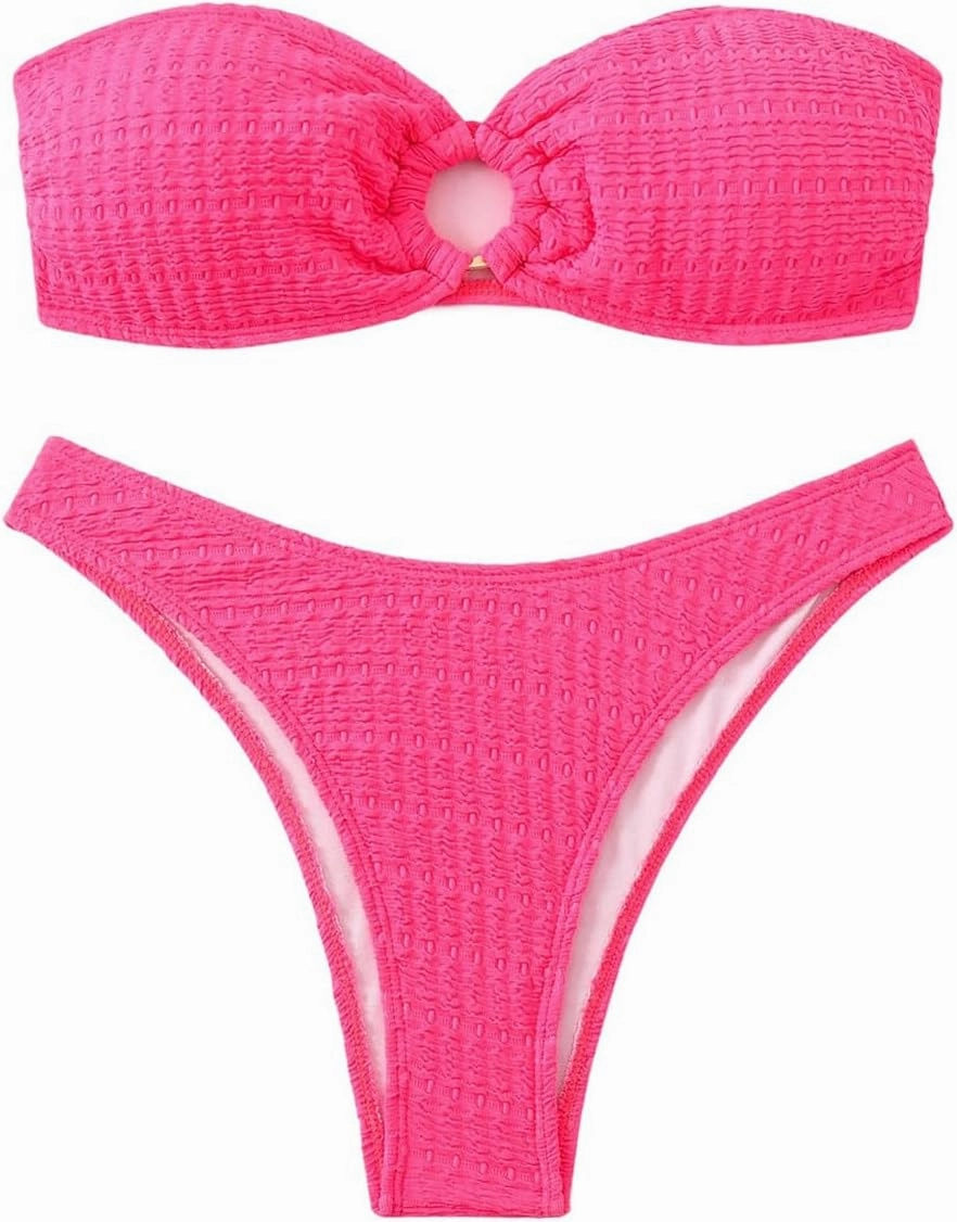 SHENHE Women's 2 Piece Bikini Set Summer Solid Ring Strapless Textured Bathingsuit
