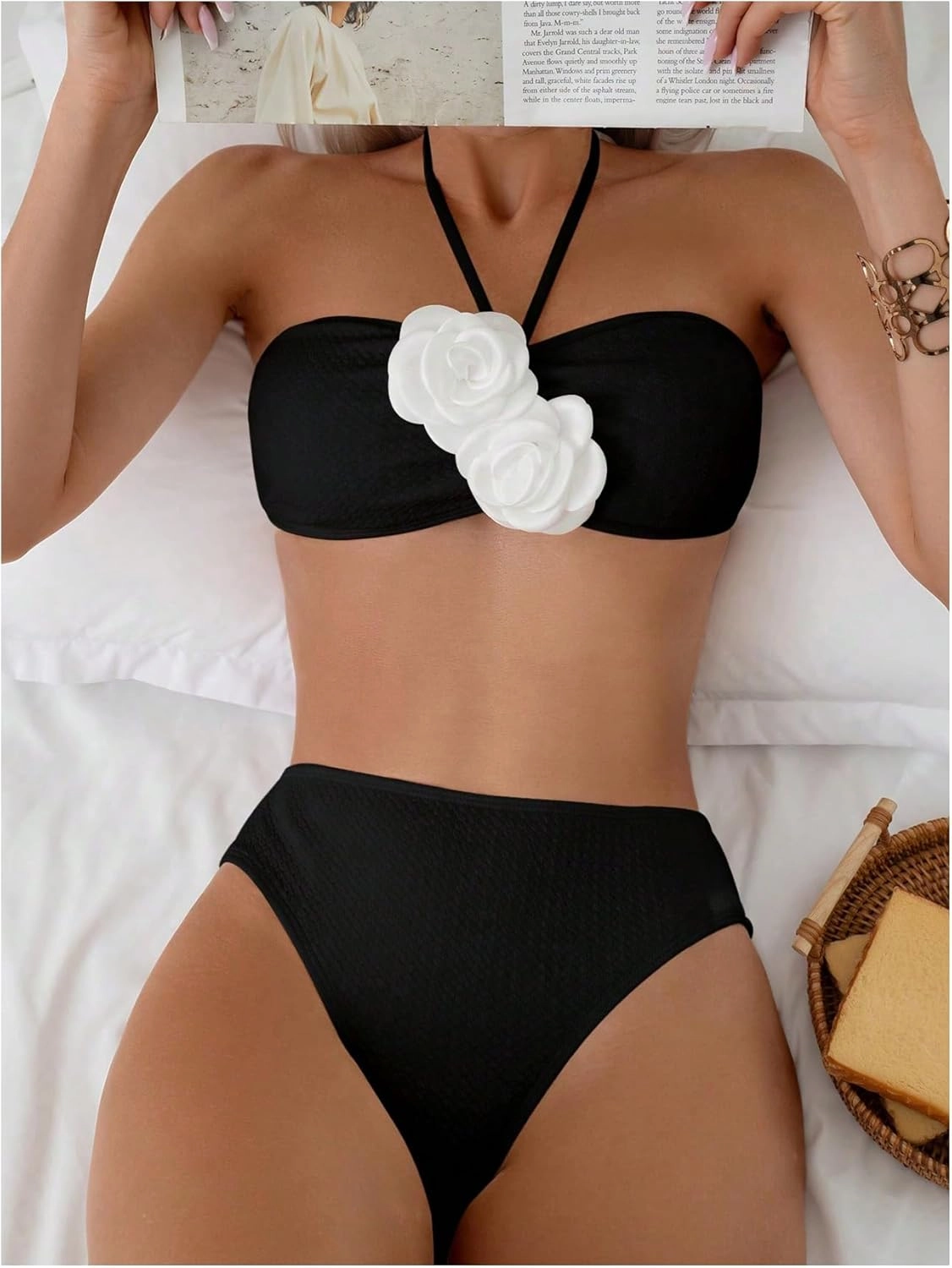 SHENHE Women's 2 Piece Halter Swimsuit 3D Flower Appliques Bandeau Tummy Control Bikini Set