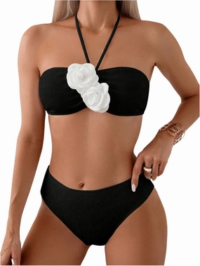 SHENHE Women's 2 Piece Halter Swimsuit 3D Flower Appliques Bandeau Tummy Control Bikini Set