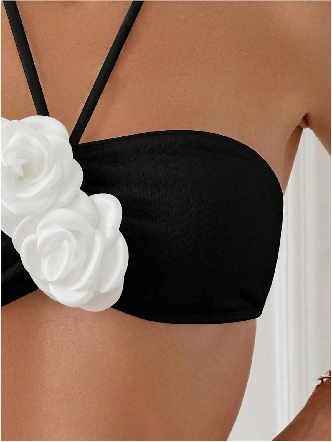 SHENHE Women's 2 Piece Halter Swimsuit 3D Flower Appliques Bandeau Tummy Control Bikini Set
