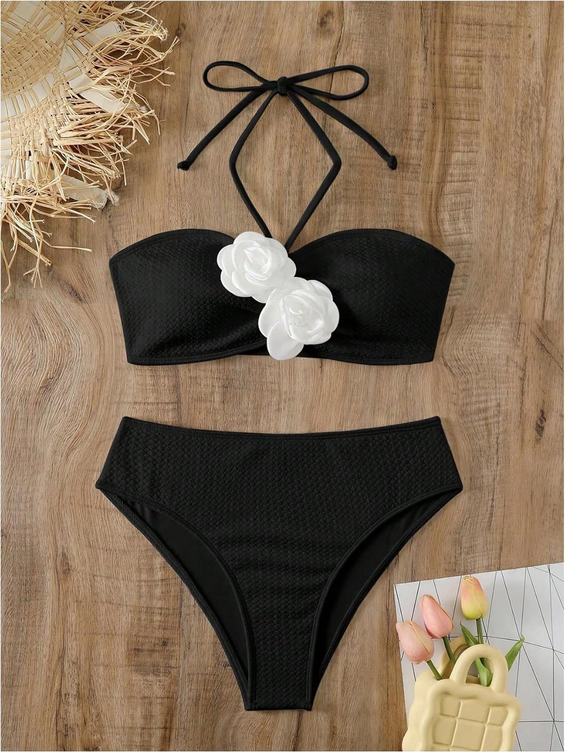 SHENHE Women's 2 Piece Halter Swimsuit 3D Flower Appliques Bandeau Tummy Control Bikini Set