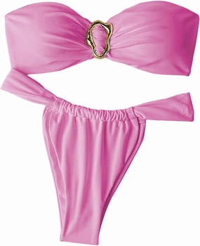 SHENHE Women's 2 Piece Strapless Swimsuit Metal Ring High Cut Thong Ruched Bandeau Bikini Set