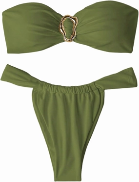 SHENHE Women's 2 Piece Strapless Swimsuit Metal Ring High Cut Thong Ruched Bandeau Bikini Set