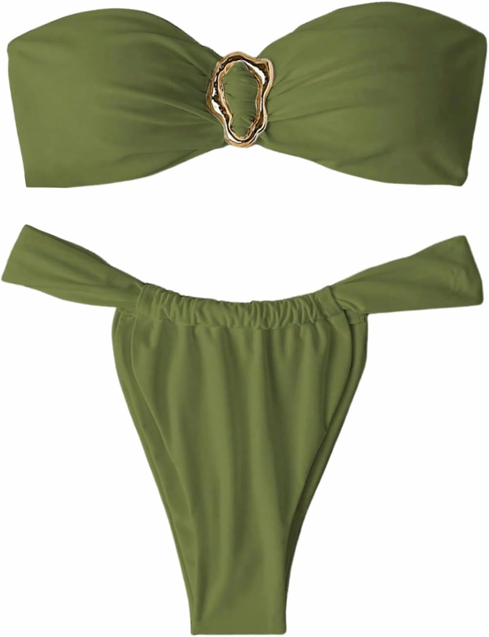 SHENHE Women's 2 Piece Strapless Swimsuit Metal Ring High Cut Thong Ruched Bandeau Bikini Set