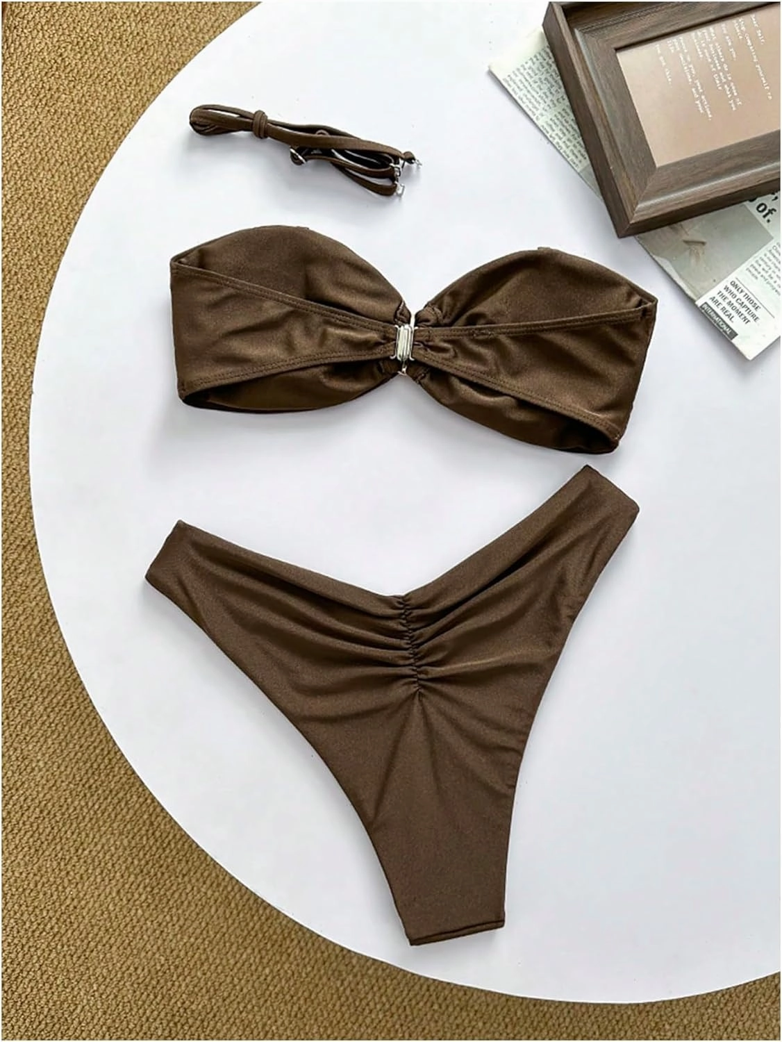 SHENHE Women's 2 Piece Strapless Swimsuit U Wire Floral Tie Back Ruched Bandeau Bikini with Thong Set