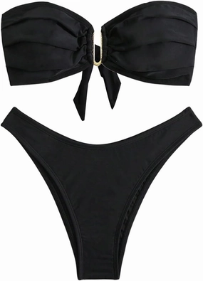 SHENHE Women's 2 Piece Strapless Swimsuit U Wire Floral Tie Back Ruched Bandeau Bikini with Thong Set