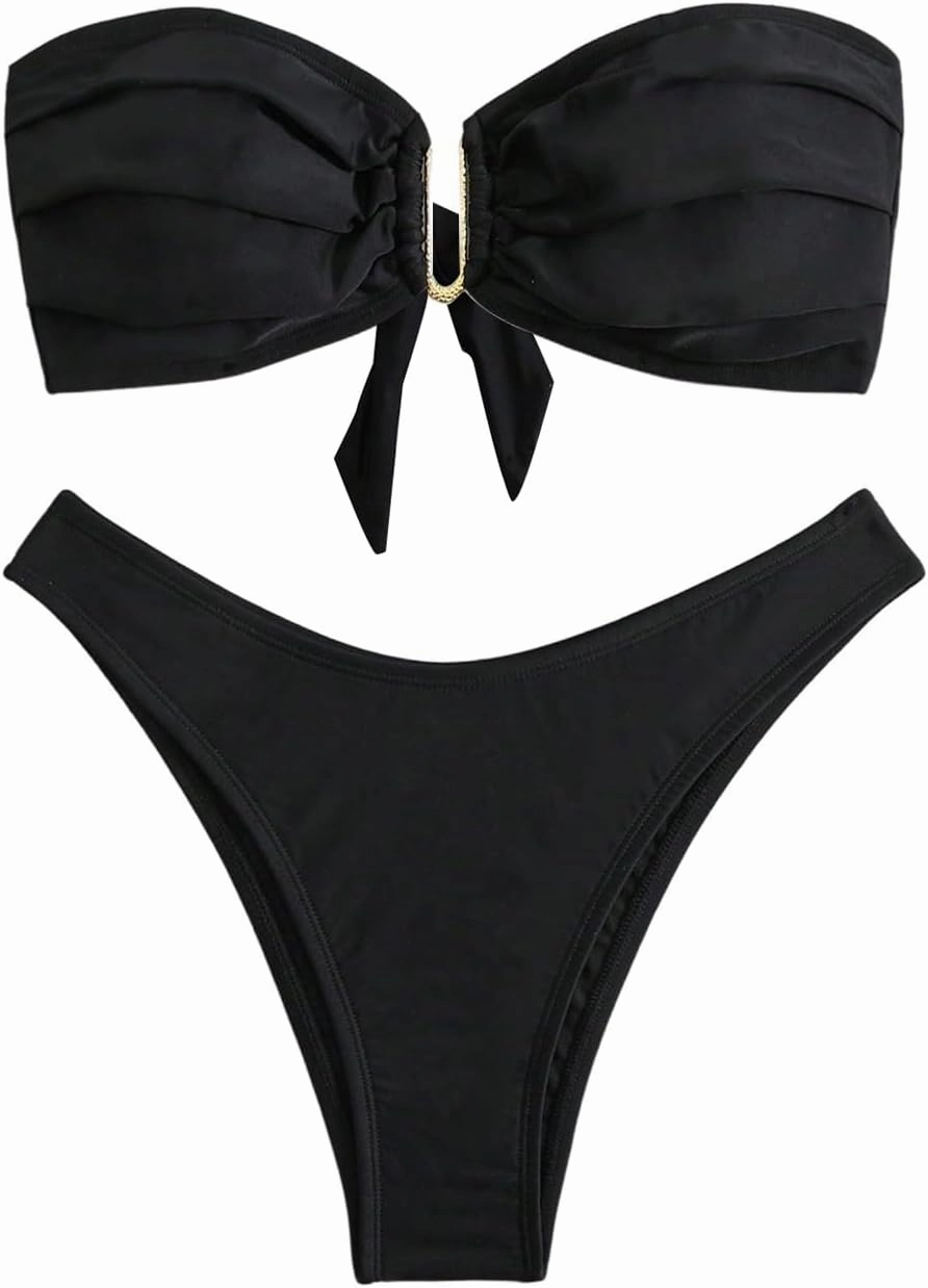 SHENHE Women's 2 Piece Strapless Swimsuit U Wire Floral Tie Back Ruched Bandeau Bikini with Thong Set
