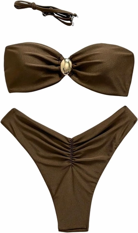 SHENHE Women's 2 Piece Strapless Swimsuit U Wire Floral Tie Back Ruched Bandeau Bikini with Thong Set