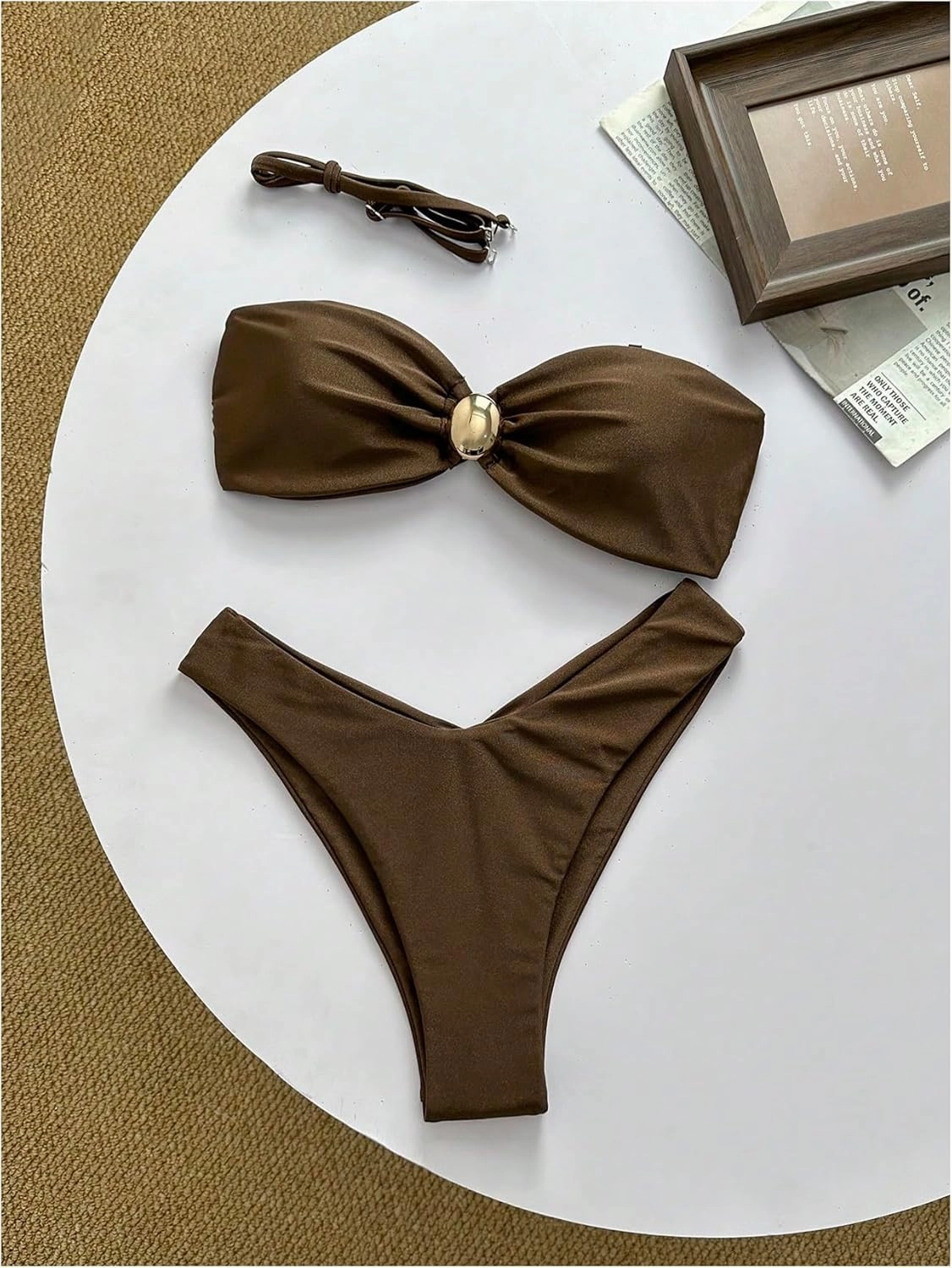 SHENHE Women's 2 Piece Strapless Swimsuit U Wire Floral Tie Back Ruched Bandeau Bikini with Thong Set
