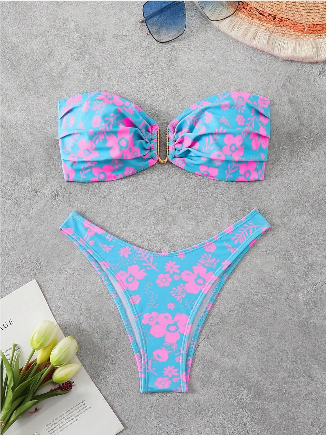 SHENHE Women's 2 Piece Strapless Swimsuit U Wire Floral Tie Back Ruched Bandeau Bikini with Thong Set