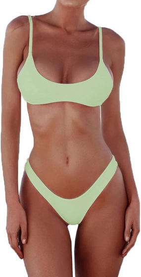 SherryDC Women's Solid Scoop Neck Push Up Padded Brazilian Thong Bikini Swimsuit Bathing Suit