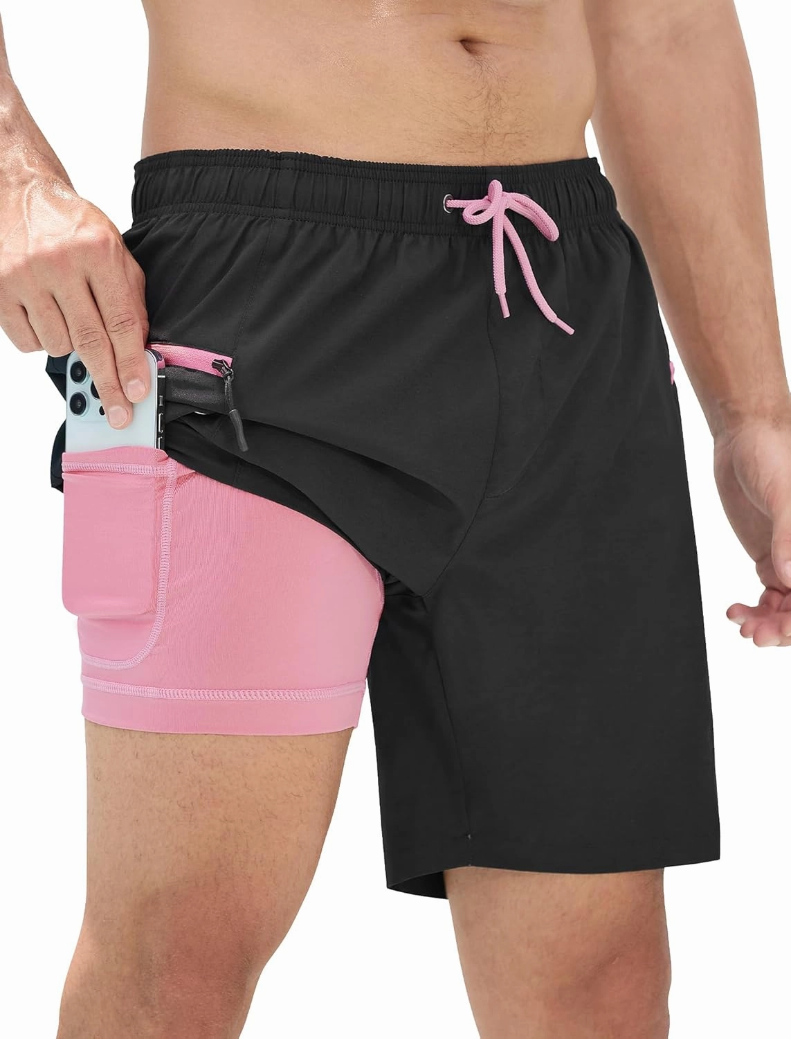 SILKWORLD 7 Inch Mens Swim Trunks with Compression Liner Quick-Dry Bathing Suit with Zipper Pockets