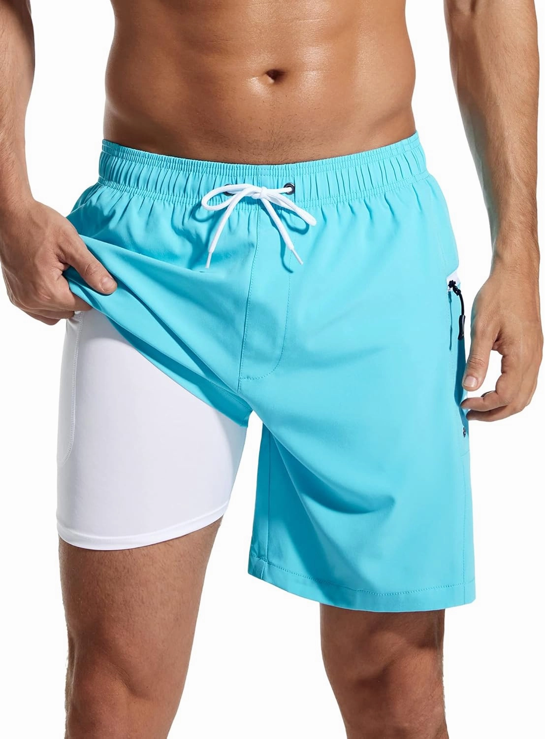 SILKWORLD 7 Inch Mens Swim Trunks with Compression Liner Quick-Dry Bathing Suit with Zipper Pockets