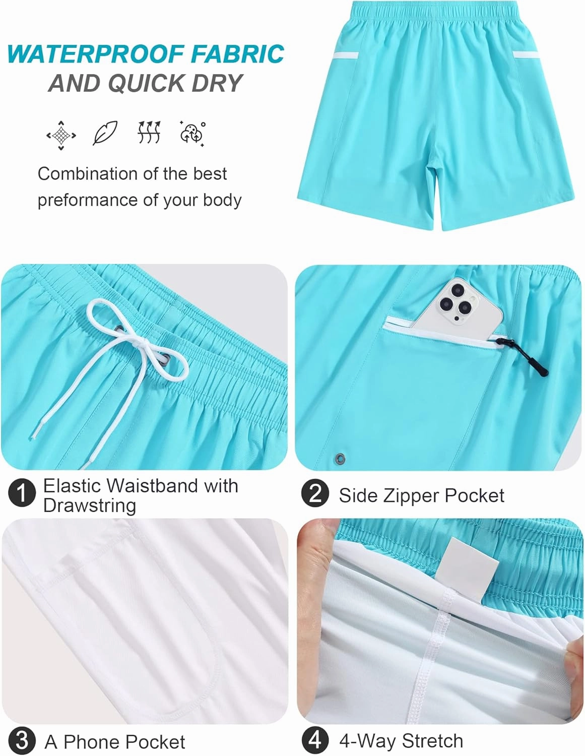 SILKWORLD 7 Inch Mens Swim Trunks with Compression Liner Quick-Dry Bathing Suit with Zipper Pockets