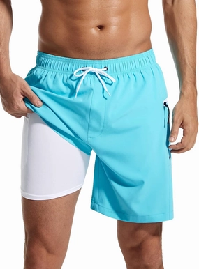 SILKWORLD 7 Inch Mens Swim Trunks with Compression Liner Quick-Dry Bathing Suit with Zipper Pockets