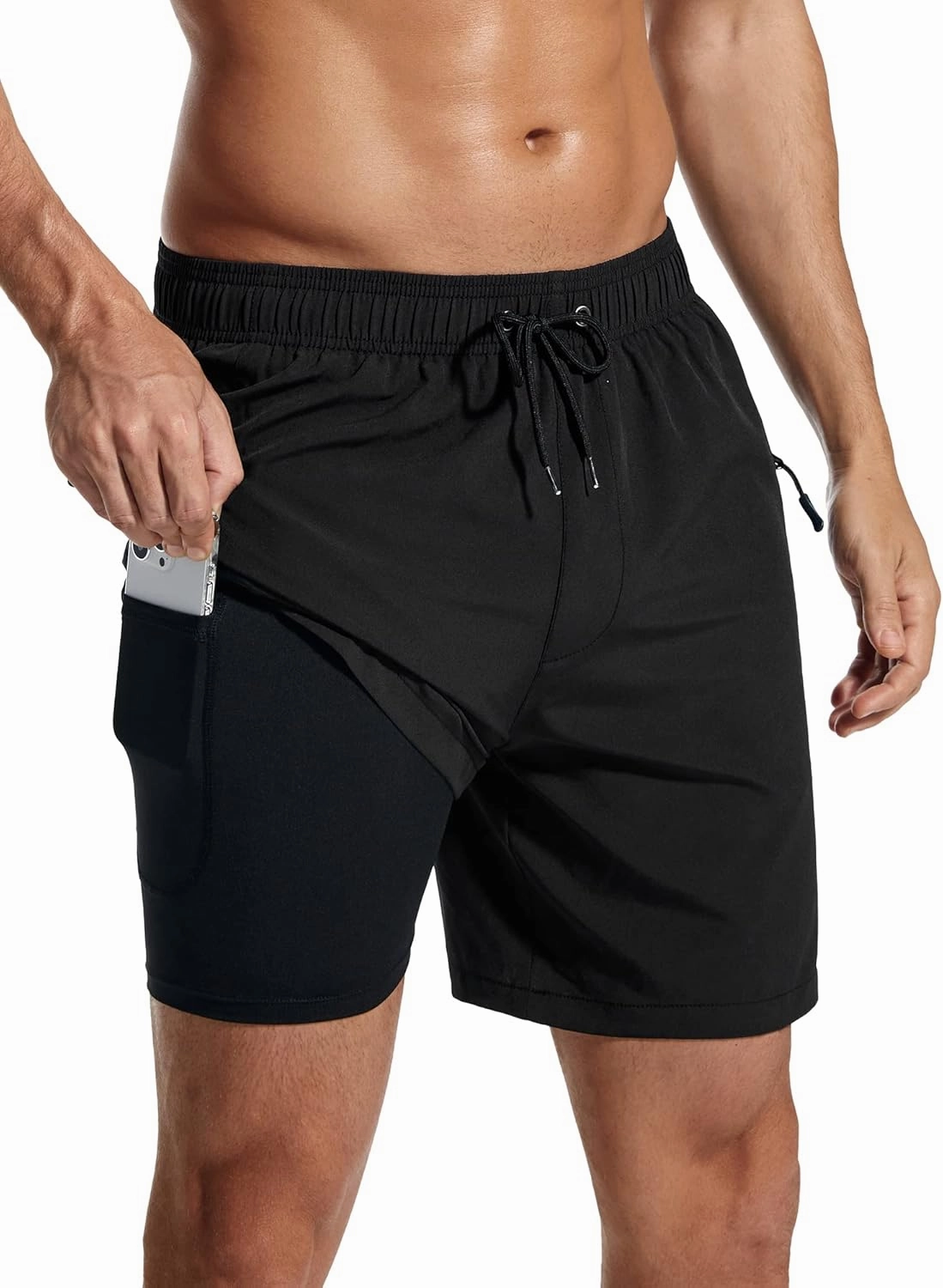 SILKWORLD 7 Inch Mens Swim Trunks with Compression Liner Quick-Dry Bathing Suit with Zipper Pockets
