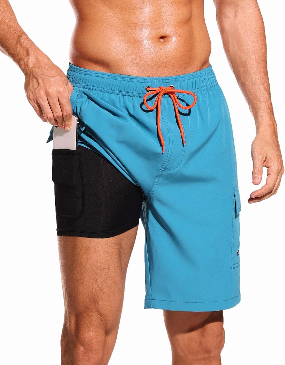 SILKWORLD Men's Swim Trunks with Compression Liner Quick Dry Bathing Suits 9 Inch Swimming Shorts with Cargo Pockets