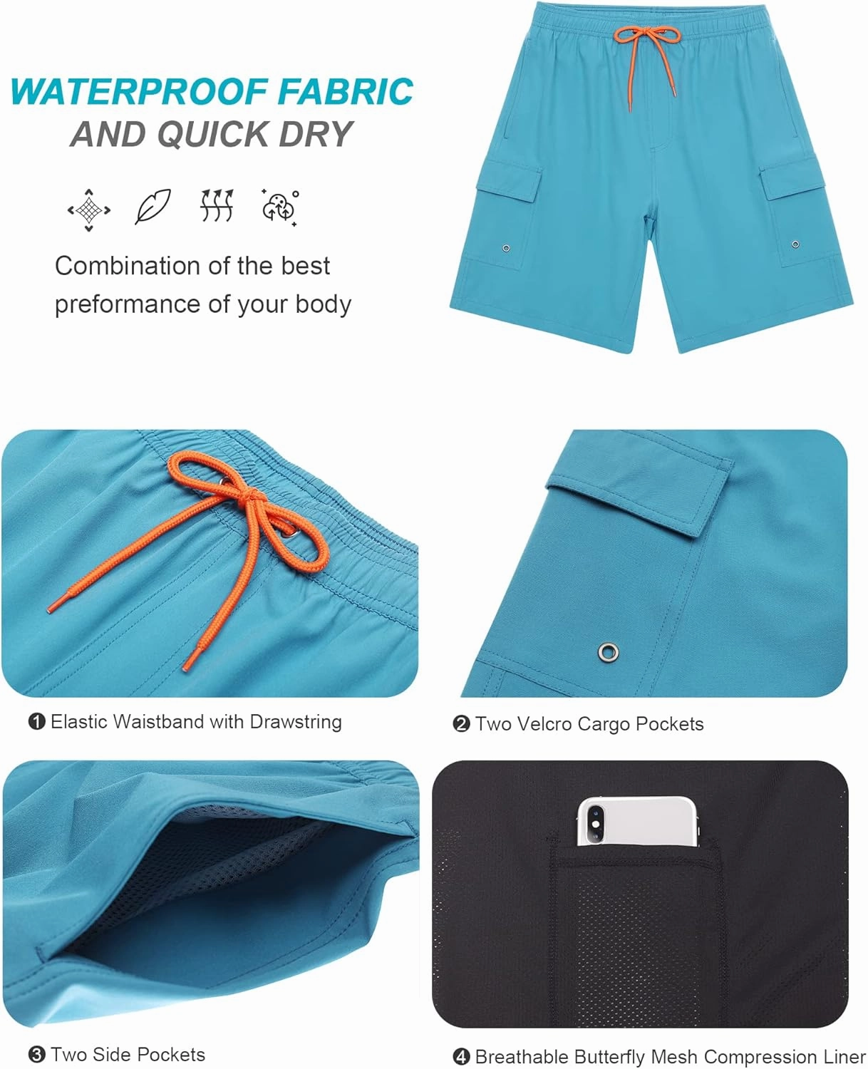 SILKWORLD Men's Swim Trunks with Compression Liner Quick Dry Bathing Suits 9 Inch Swimming Shorts with Cargo Pockets