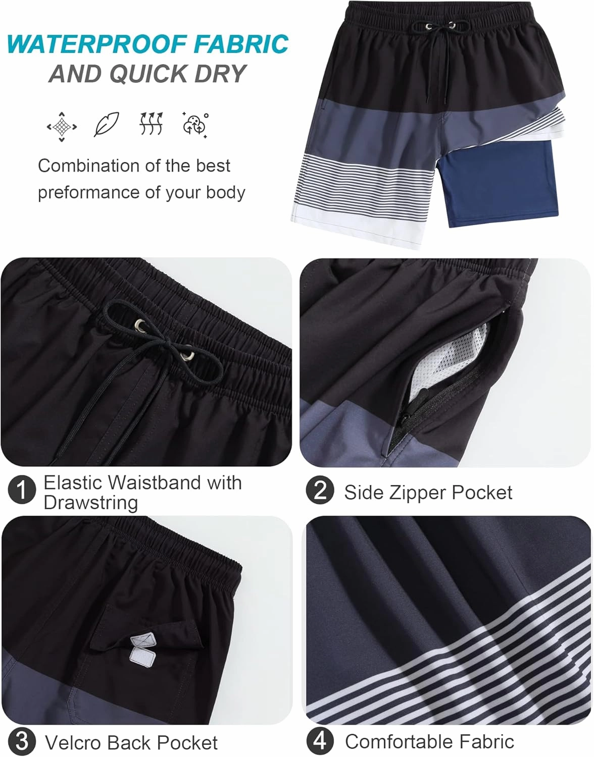 SILKWORLD Mens Swim Trunks Quick Dry Compression Liner 2 in 1 Shorts Men Swimsuit