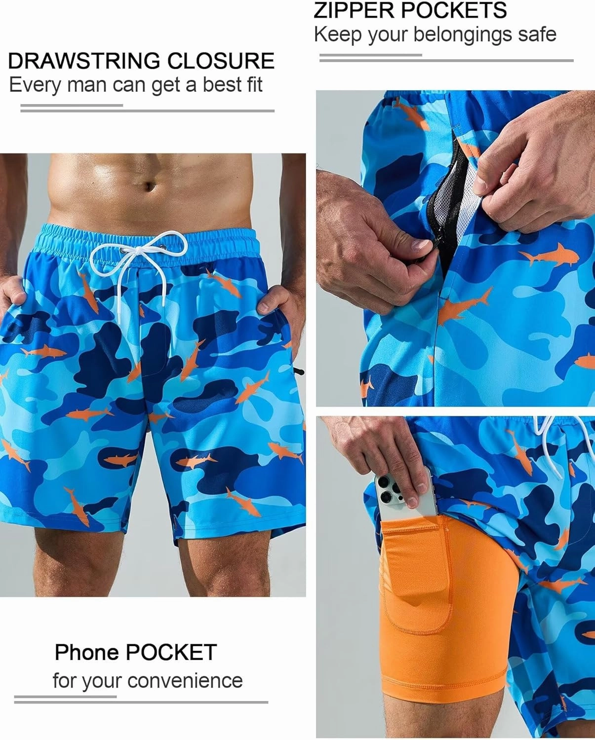 SILKWORLD Mens Swim Trunks Quick Dry Swimming Shorts with Compression Liner and Zipper Pockets