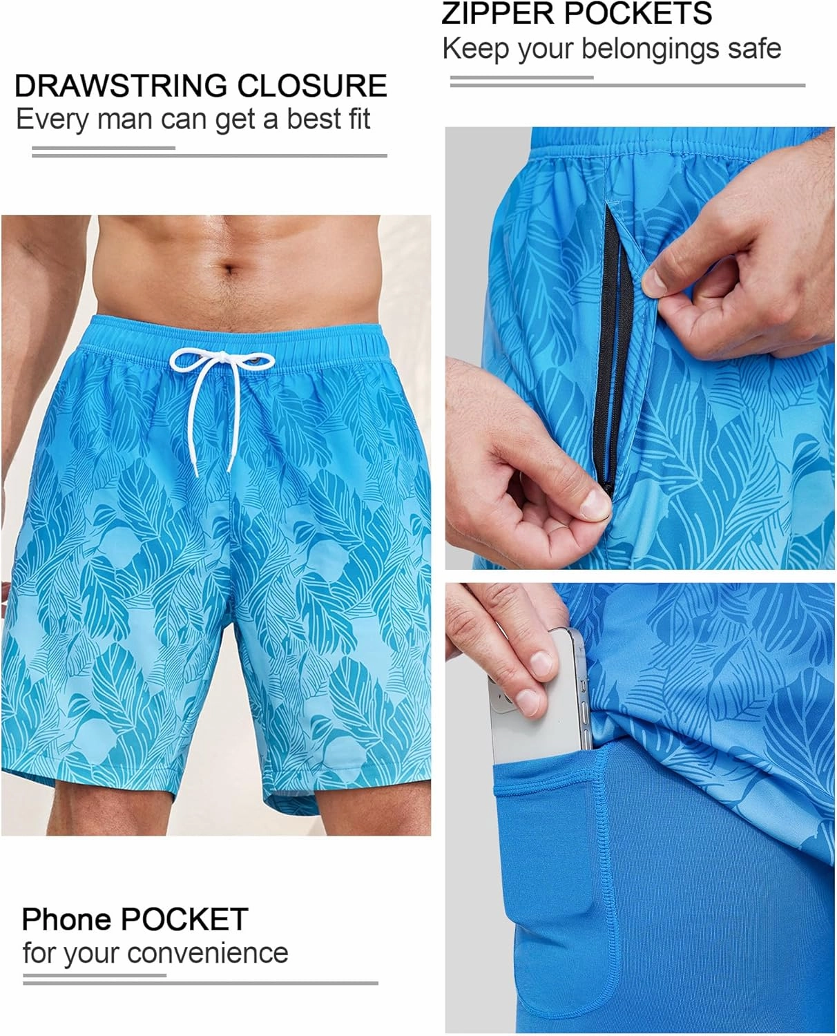 SILKWORLD Mens Swim Trunks Quick Dry Swimming Shorts with Compression Liner and Zipper Pockets