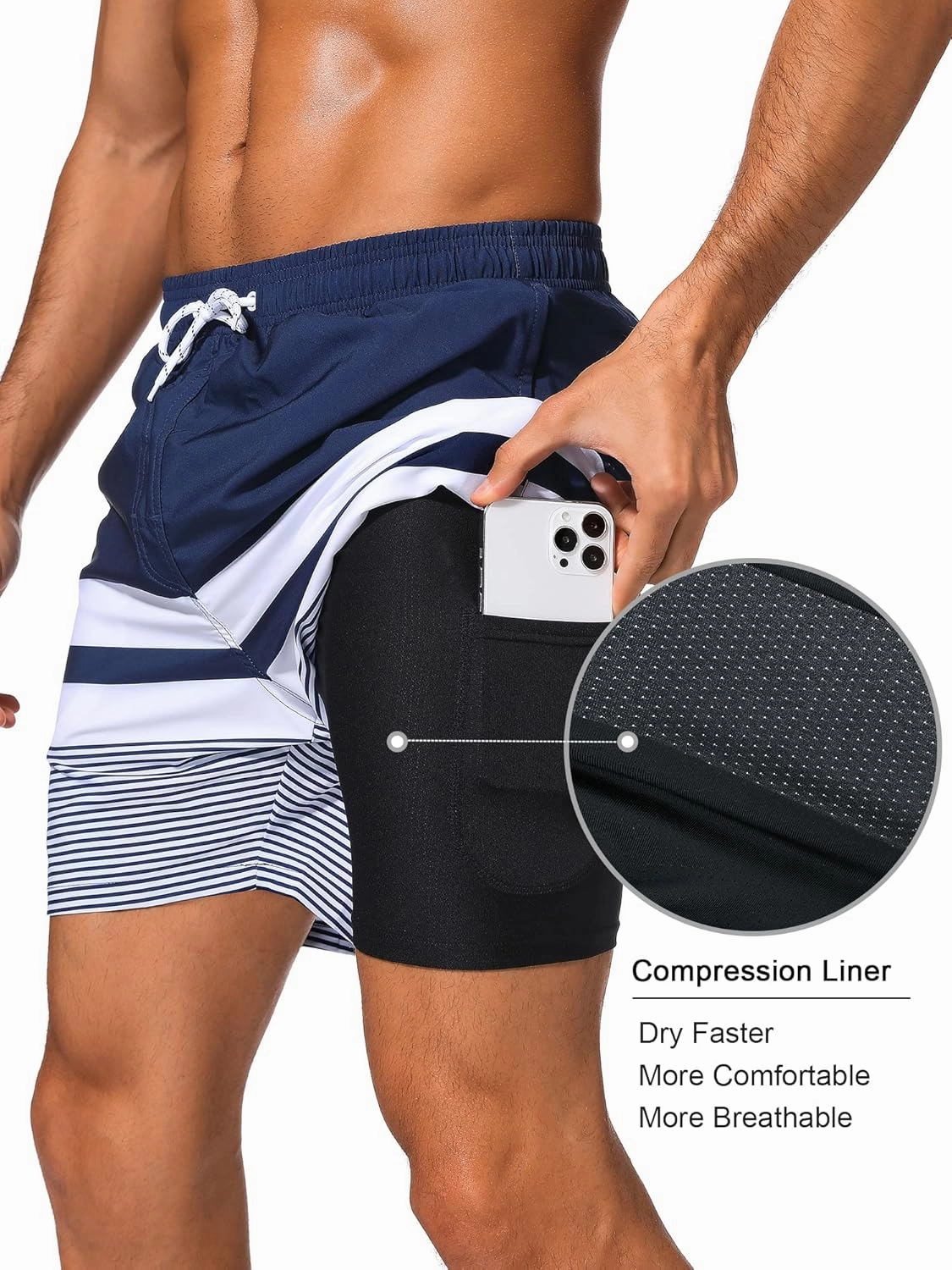 SILKWORLD Mens Swim Trunks with Compression Liner 2 in 1 Quick Dry Bathing Suit Beach Shorts with Zipper Pockets