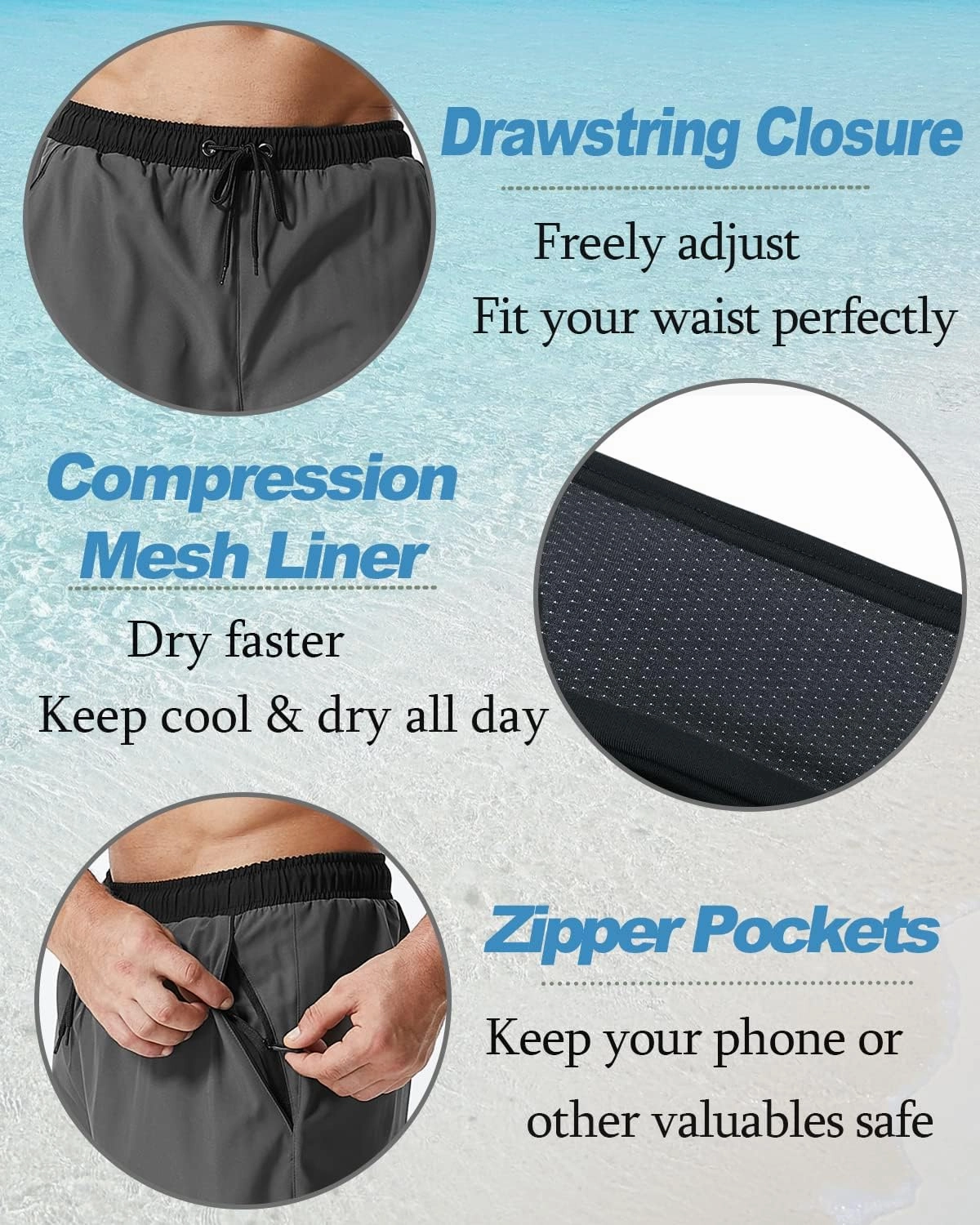 SILKWORLD Mens Swim Trunks with Compression Liner 2 in 1 Quick Dry Bathing Suit Beach Shorts with Zipper Pockets