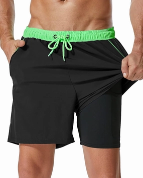 SILKWORLD Mens Swim Trunks with Compression Liner 2 in 1 Quick Dry Bathing Suit Beach Shorts with Zipper Pockets