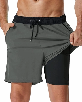 SILKWORLD Mens Swim Trunks with Compression Liner 2 in 1 Quick Dry Bathing Suit Beach Shorts with Zipper Pockets