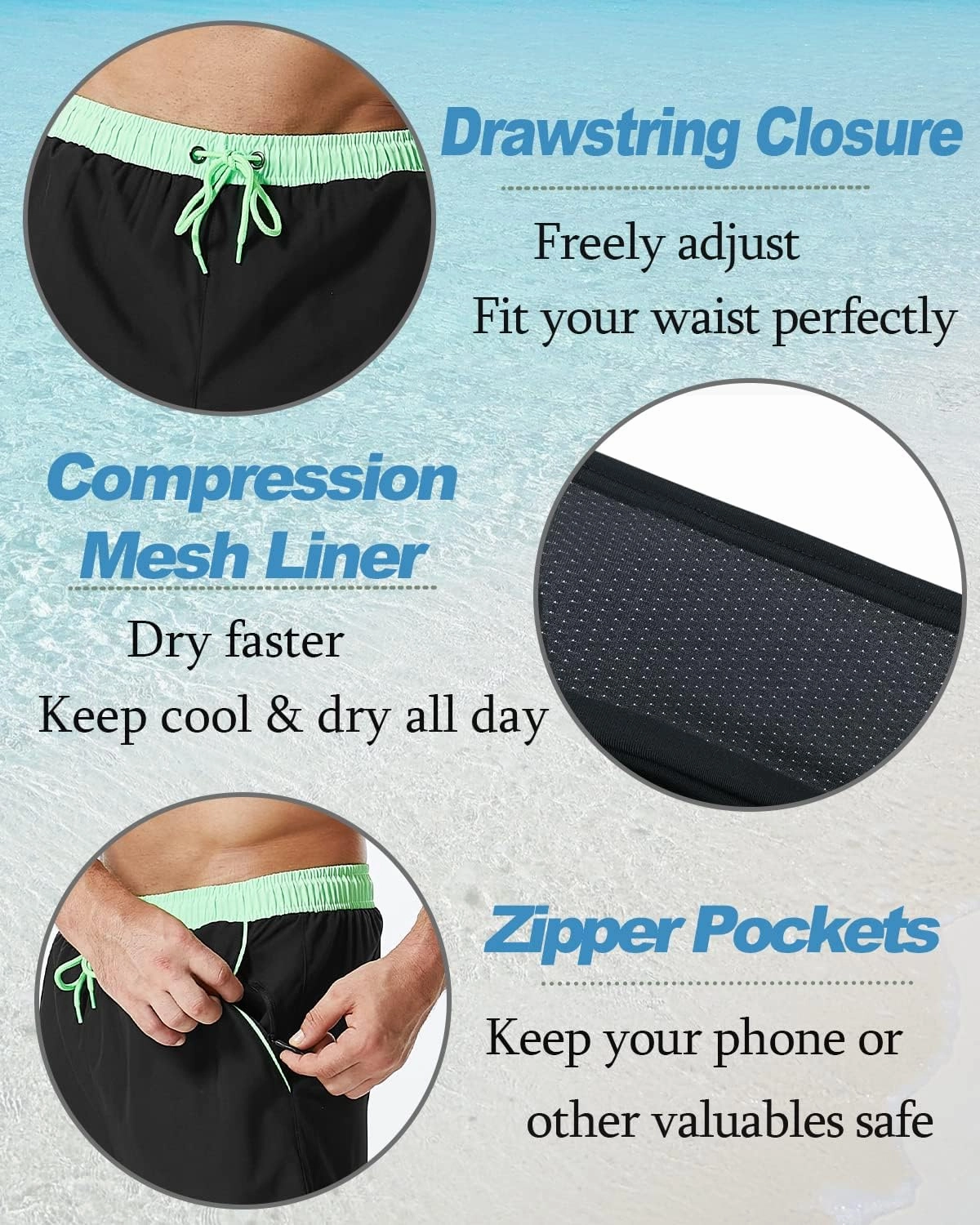 SILKWORLD Mens Swim Trunks with Compression Liner 2 in 1 Quick Dry Bathing Suit Beach Shorts with Zipper Pockets