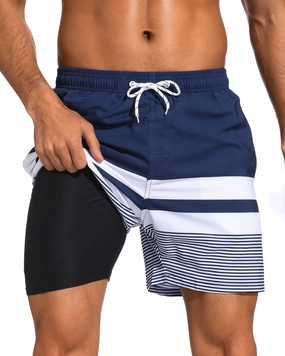 SILKWORLD Mens Swim Trunks with Compression Liner 2 in 1 Quick Dry Bathing Suit Beach Shorts with Zipper Pockets