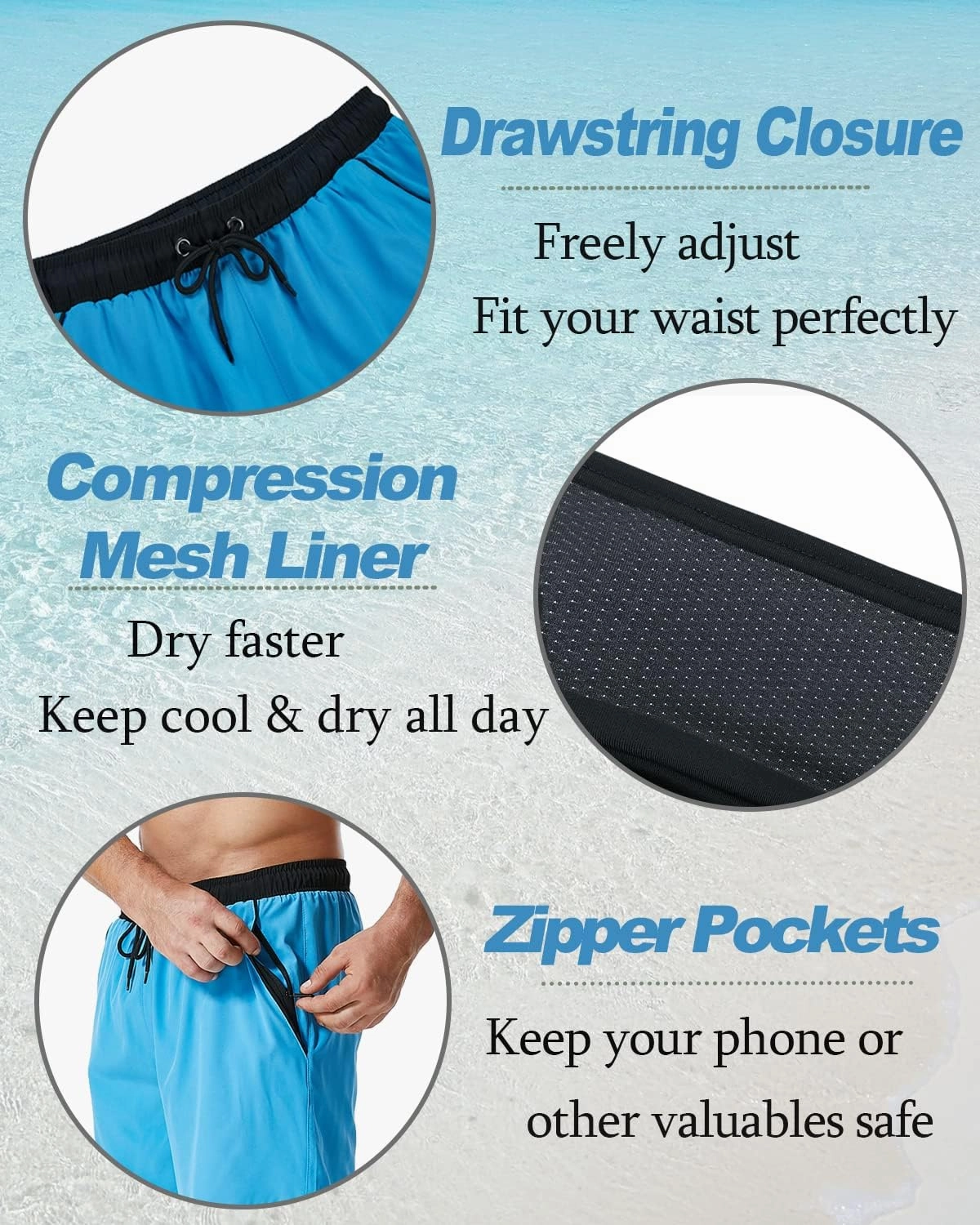 SILKWORLD Mens Swim Trunks with Compression Liner 2 in 1 Quick Dry Bathing Suit Beach Shorts with Zipper Pockets