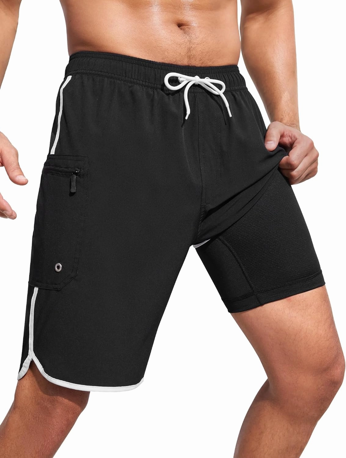 SILKWORLD Mens Swim Trunks with Compression Liner 9 Inch Long Bathing Suit 2 in 1 Beach Quick Dry Shorts with Pockets