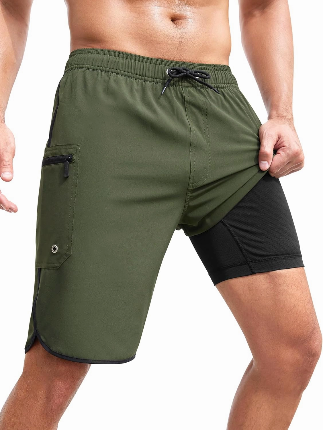 SILKWORLD Mens Swim Trunks with Compression Liner 9 Inch Long Bathing Suit 2 in 1 Beach Quick Dry Shorts with Pockets