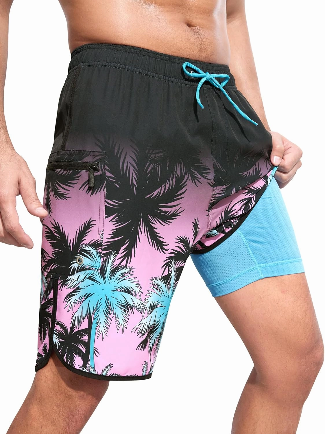 SILKWORLD Mens Swim Trunks with Compression Liner 9 Inch Long Bathing Suit 2 in 1 Beach Quick Dry Shorts with Pockets