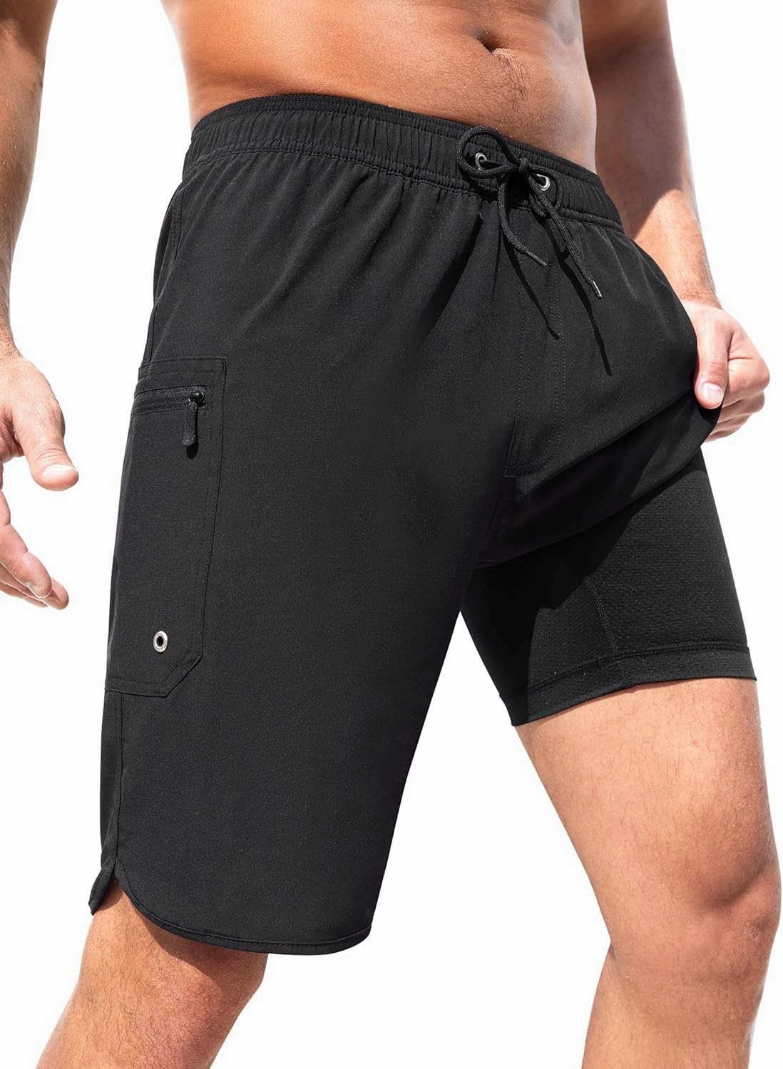 SILKWORLD Mens Swim Trunks with Compression Liner 9 Inch Long Bathing Suit 2 in 1 Beach Quick Dry Shorts with Pockets