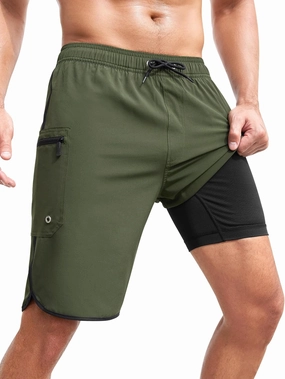 SILKWORLD Mens Swim Trunks with Compression Liner 9 Inch Long Bathing Suit 2 in 1 Beach Quick Dry Shorts with Pockets