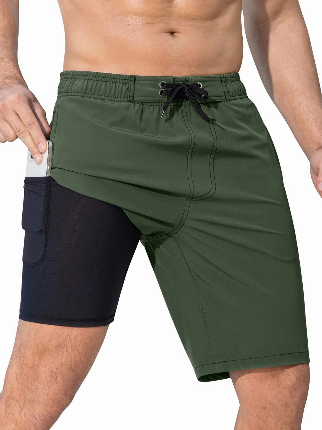 SILKWORLD Mens Swim Trunks with Compression Liner Quick-Dry 10" Stretch Beach Shorts